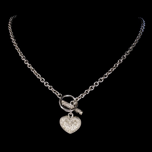 Vintage Silver Tone Rhinestone Encrusted Heart Pendant Toggle Clasp Necklace - Picture 1 of 6